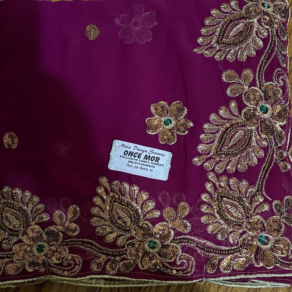Brand New Embroidered Saree Purple and Gold Fabric